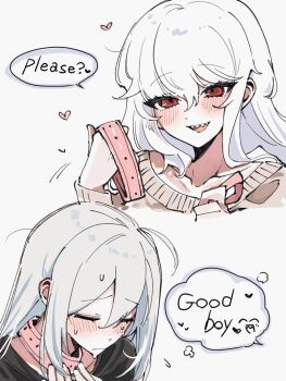 2girls :d arknights black_shirt blush brown_sweater closed_eyes collar commentary english_text highres long_hair multiple_girls open_mouth pink_collar red_eyes sharp_teeth shirt simple_background skadi_(arknights) smile specter_(arknights) speech_bubble sweatdrop sweater symbol-only_commentary teeth white_background white_hair yunomi_(yunomi1129) yuri