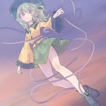 1girl black_boots black_hat boots commentary_request floating floral_print floral_print_skirt frilled_shirt frills green_eyes green_hair green_skirt hat highres karua_m komeiji_koishi looking_at_viewer miniskirt print_skirt rose_print shirt short_hair skirt solo third_eye touhou yellow_shirt