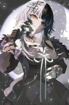 1girl absurdres black_arm_warmers black_choker black_coat black_dress black_hair breasts choker cleavage coat diamond_(gemstone) dress fur-trimmed_coat fur_trim gem grey_hair highres holding holding_gem hololive hololive_english kizawayoh large_breasts long_hair multicolored_hair ribbon shiori_novella shiori_novella_(1st_costume) solo split-color_hair virtual_youtuber white_ribbon yellow_eyes