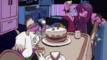 1boy 1girl 1other absurdres bedroom black_vest blue_hair blush bracelet cake cake_slice capelet closed_eyes closed_mouth commentary cup deltarune drinking floppy_ears food green_robe grin highres holding holding_cup horns hot_chocolate jewelry kris_(dark_world)_(deltarune) kris_(deltarune) looking_at_another nas_u open_mouth pink_capelet pink_hair pink_shirt ralsei robe shirt sitting smile sparkle spiked_bracelet spikes susie_(dark_world)_(deltarune) susie_(deltarune) symbol-only_commentary teacup utdr_(toby_fox) vest white_fur