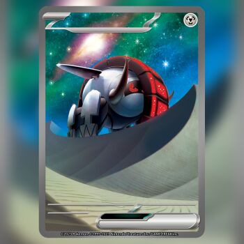 blurry blurry_background card_(medium) commentary company_name copyright_name copyright_notice desert english_commentary iron_treads itou_keiichirou night nintendo no_humans non-humanoid_robot official_art pixel_eyes pokemon pokemon_(creature) pokemon_card pokemon_focus pokemon_tcg red_eyes robot robot_animal sand solo star_(sky) textless_version third-party_source trading_card tusks
