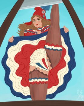 1girl absurdres blue_sky brown_hair brown_thighhighs clothes_lift day dress dress_lift flag_print french_flag french_flag_print green_eyes guillotine hat highres long_hair looking_at_viewer mole mole_under_mouth original outdoors panties phrygian_cap print_panties red_hat red_lips sanstitre2000 see-through_clothes see-through_thighhighs sky solo split standing standing_on_one_leg standing_split thighhighs underwear