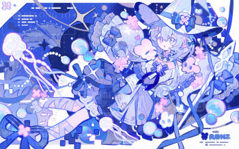 1girl :o artist_name blue_bow blue_eyes blue_hair blue_hat blue_theme bow bubble choker colored_eyelashes dress eyelashes flower frills full_body hair_between_eyes hat hat_bow hat_ornament jellyfish layered_dress makeup medium_hair original pink_flower pointy_ears renzhi00334233 rouge_(makeup) sidelocks solo staff too_many_watermarks watermark witch_hat