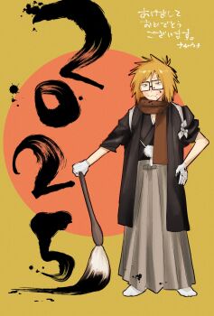 1boy 2025 :3 black_coat black_eyes brown_scarf coat commentary_request dated fang fang_out glasses gloves hakama hand_on_own_hip haori highres holding holding_paintbrush ink japanese_clothes kimono kohakohakohata looking_at_viewer male_focus new_year orange_hair oversized_object paintbrush randal&#039;s_friends randal_ivory scarf short_hair solo standing translation_request white_gloves yellow_background