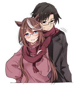 1boy 1girl aged_up animal_ears bespectacled black_coat black_hair blue_eyes brown_hair brown_scarf brown_sweater coat couple glasses highres horse_ears ido_(teketeke) long_hair multicolored_hair scarf shared_clothes shared_scarf short_hair simple_background streaked_hair sweater tokai_teio_(umamusume) trainer_(umamusume) umamusume upper_body white_background