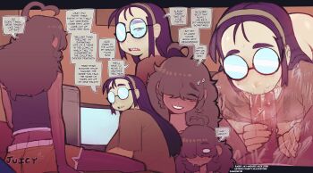Rule 34 | 1boy, 1girl, braces, buck teeth, dark-skinned male, dark skin, english text, fellatio, freckles, glasses, hairband, hetero, highres, jimiko, long hair, opaque glasses, oral, original, partially opaque glasses, penis, purple hair, round eyewear, teeth, uncensored, zamoshvik