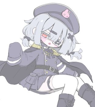 1girl belt black_belt black_boots black_bow black_cape black_ribbon blunt_sidelocks blush_stickers boots bow buttons cape colored_eyelashes commentary_request epaulettes eyepatch grey_hair grey_hat grey_jacket grey_skirt hair_between_eyes hair_bow hair_ornament hairclip hat hat_ornament highres invisible_chair izumi_(yura_izumi) jacket looking_at_viewer low_twintails medical_eyepatch medium_hair military_dress_uniform military_uniform multiple_hair_bows neck_ribbon open_mouth original rabbit_hat_ornament red_eyes ribbon short_twintails sidelocks simple_background sitting skirt sleeves_past_fingers sleeves_past_wrists solo thigh_strap thighhighs twintails white_background white_thighhighs x_hair_ornament