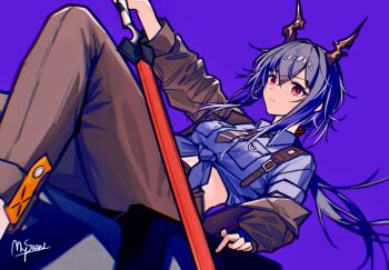 1girl arknights artist_name black_jacket black_pants blue_hair blue_shirt breasts ch&#039;en_(after_storm)_(arknights) ch&#039;en_(arknights) chinese_commentary closed_mouth collared_shirt commentary_request dragon_girl dragon_horns expressionless highres holding holding_sword holding_weapon horns jacket long_hair looking_at_viewer midriff mysxan necktie off_shoulder official_alternate_costume pants purple_background red_eyes shirt shirt_rolled_up simple_background solo sword tied_shirt weapon