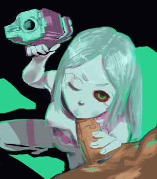 breasts cyberpunk cyberpunk_(series) cyberpunk_2077 cyberpunk:_edgerunners david_martinez fellatio gun handjob highres loli looking_at_viewer looking_up nipples one_eye_closed oral penis pointing pointing_at_viewer aiming pov rebecca_(cyberpunk) red_eyes small_breasts spread_legs squatting tattoo wanrtb weapon white_hair