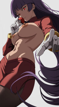 1girl absurdres blunt_bangs bodystocking bodysuit bodysuit_under_clothes breasts cropped_jacket from_below gloves highres hime_cut holding holding_poke_ball jacket large_breasts long_hair long_sleeves looking_at_viewer medium_breasts miniskirt nintendo nipples pencil_skirt poke_ball poke_ball_(basic) pokemon pokemon_frlg purple_hair red_eyes red_jacket red_skirt sabrina_(pokemon) serious side_slit skirt solo straight_hair turtleneck turtleneck_jacket vivivoovoo white_background white_gloves