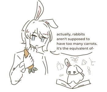 1girl animal animal_ears animalization blue_eyes carrot doodles english_text faust_(project_moon) geometry highres limbus_company math mirrordmjm project_moon rabbit rabbit_ears short_hair single_floppy_ear sweater turtleneck white_hair white_rabbit_(animal)