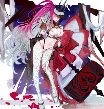 1girl absurdres baobhan_sith_(fate) baobhan_sith_(swimsuit_pretender)_(third_ascension)_(fate) bikini black_nails breasts bridal_gauntlets commission commissioner_upload fang fate/grand_order fate_(series) flower full_body grey_eyes hair_flower hair_ornament hammer hand_up highres holding holding_hammer long_hair looking_at_viewer md5_mismatch nail_polish navel open_mouth platform_footwear platform_heels pointy_ears red_nails resenri resolution_mismatch side_ponytail skin_fang smile solo source_smaller swimsuit tiara toenail_polish toenails veil vgen_commission white_bikini white_flower