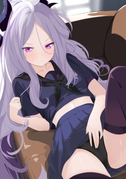 1girl absurdres ahoge alternate_costume black_panties black_skirt blue_archive blush cameltoe chanshiyu commentary_request demon_girl demon_horns gehenna_academy_logo highres hina_(blue_archive) horns indoors loli long_hair looking_at_viewer lying panties purple_eyes school_uniform serafuku skirt solo split_mouth thighhighs thighs underwear very_long_hair white_hair zettai_ryouiki