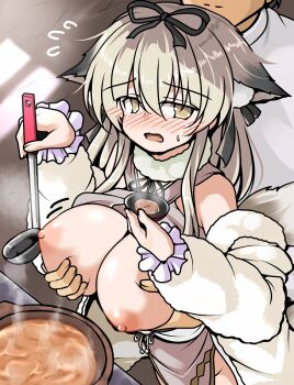 1boy 1girl animal_ears azur_lane bare_shoulders black_hair blonde_hair blush breasts clothes_lift commander_(azur_lane) cooking_pot droopy_ears flying_sweatdrops food fox_ears grabbing_another&#039;s_breast grabbing_from_behind groping hair_ribbon ladle large_breasts long_hair minase_(azur_lane) nipples open_mouth ribbon saucer shirt_lift soup tsuzuri_(tuzuri) yellow_eyes