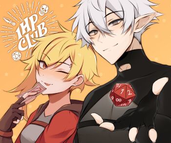 1boy 1girl 1hp_club ;p alice_(1hp_club) black_gloves black_shirt blonde_hair brown_eyes brown_gloves brown_hood card coat commentary copyright_logo copyright_name d20_(die) dice double-parted_bangs elfboiii english_commentary eyebrow_piercing face_piercing fingerless_gloves gloves grey_eyes grey_shirt hair_between_eyes highres holding holding_card incoming_gift logo obi_(1hp_club) one_eye_closed piercing playing_card pointy_ears polyhedral_dice promotional_art red_coat see-through_cleavage see-through_clothes shirt short_hair spread_fingers tongue tongue_out upper_body white_hair