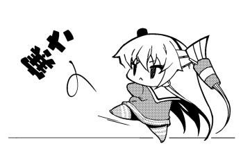 Rule 34 | 1girl, :<, amatsukaze (kancolle), ataru (ataru-littlebird), ben-day dots, chibi, commentary request, dress, full body, hair tubes, hat, kantai collection, kicking, lineart, mini hat, monochrome, sailor collar, sailor dress, screentones, smokestack hair ornament, solid oval eyes, solo, translation request, two side up