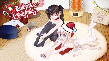 Rule 34 | 2girls, black hair, black pantyhose, blonde hair, blue eyes, christmas, controller, feet, game controller, glasses, hat, heater, highres, horns, light blush, lollipop in mouth, long hair, looking at viewer, lying, multiple girls, on stomach, open mouth, original, panties, panties under pantyhose, pantyhose, pantyshot, pointy ears, red eyes, santa hat, side ponytail, soles, stellarxiela2, toes, topless female, underwear, white pantyhose