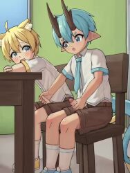 2boys animal_ear_fluff animal_ears animated blonde_hair blue_eyes blue_hair blush chair cum desk ejaculation erection foreskin handjob horns kodomo_doushi male_focus male_masturbation masturbation multiple_boys mutual_masturbation necktie open_mouth original paid_reward_available penis phimosis qr_code shoes shonen_hu shorts shota sitting socks sound sweat tagme tail video yaoi