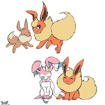 animal_focus animal_hands black_eyes blue_eyes bow brown_fur closed_eyes closed_mouth eevee flareon fluffy full_body gen_1_pokemon gen_6_pokemon highres looking_at_another looking_at_viewer nanikoreon neck_fur nintendo no_humans one_eye_closed orange_fur pawpads pink_fur pokemon pokemon_(creature) pokemon_focus ribbon simple_background sitting smile standing sylveon two-tone_fur white_background white_fur yellow_fur