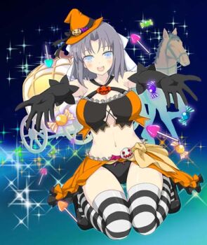 1girl :d bare_shoulders black_gloves black_panties black_shoes black_thighhighs blue_background blue_eyes blush bow breasts candy carriage cinderella_(fairy_tale) cleavage collarbone crop_top elbow_gloves food frills gloves gradient_background grey_hair hair_bow halloween_costume hat horse horse-drawn jack-o'-lantern_brooch jack-o'-lantern_hat_ornament jack-o'-lantern_ornament large_breasts lollipop looking_at_viewer lowres mini_hat mini_witch_hat navel open_mouth orange_hat orange_skirt panties reaching reaching_towards_viewer senran_kagura senran_kagura_shinovi_versus shoes short_hair showgirl_skirt skirt smile solo sparkle striped_bow striped_clothes striped_thighhighs teeth thighhighs underwear upper_teeth_only white_bow white_thighhighs witch_hat wrapped_candy yumi_(senran_kagura)