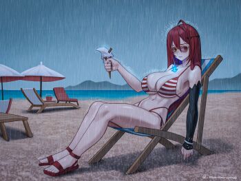 1girl abs ahoge alternate_costume bikini black_sleeves blue_fire blue_hair breasts chair cleavage closed_mouth colored_inner_hair commentary content_rating detached_sleeves elizabeth_rose_bloodflame english_commentary feet fire fire_on_chest full_body hair_between_eyes hand_up highleg highleg_bikini highres holding holding_ice_cream_cone hololive hololive_english huge_ahoge ice_cream_cone large_breasts long_hair looking_at_viewer multi-strapped_bikini_bottom multicolored_hair navel on_chair outdoors rain red_eyes red_hair sandals seventeencrows side-tie_bikini_bottom single_detached_sleeve sitting solo stomach striped_bikini striped_clothes sunglasses swimsuit toes very_long_hair virtual_youtuber yellow-framed_eyewear