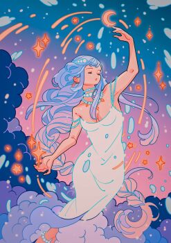 1girl above_clouds arm_up armpits blue_clouds blue_hair blue_sky braid breasts choker cleavage closed_eyes cloud collarbone commentary crescent_moon dress earrings english_commentary feet_out_of_frame floating_hair gem gradient_background gradient_hair gradient_sky hand_up highres jewelry long_hair medium_breasts meyoco moon multicolored_hair necklace open_mouth original outdoors parted_lips pastel_colors pearl_(gemstone) pearl_anklet pearl_hair_ornament pearl_necklace pink_hair pink_sky shooting_star single_braid sky sleeveless sleeveless_dress solo standing star_(symbol) sunset very_long_hair white_dress