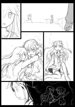 10s 2girls bad_end choujigen_game_neptune_mk2 comic d-pad female_focus flashback greyscale hair_ornament hood hoodie hug long_hair monochrome multiple_girls nepgear neptune_(neptunia) neptune_(series) segamark short_hair siblings sisters traditional_media