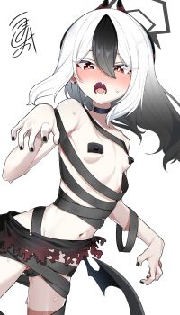 1girl absurdres bandages black_choker black_hair black_halo black_horns black_nails blue_archive blush breasts bright_pupils cameltoe choker covered_erect_nipples cowboy_shot hair_between_eyes halo highres horns kayoko_(blue_archive) long_hair looking_at_viewer multicolored_hair navel open_mouth pasties red_eyes simple_background single_wing small_breasts solo tape tape_on_nipples two-tone_hair umashio white_background white_hair white_pupils wings