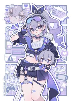 1girl :p absurdres bandaid belt chibi choker commentary_request controller crop_top drill_hair drill_ponytail earrings english_text eyewear_on_head fingerless_gloves fishnets game_controller gloves grey_eyes grey_hair hair_ornament hairclip heart highres honkai:_star_rail honkai_(series) jacket jewelry light_blush midriff multicolored_hair navel omuyan open_clothes open_jacket shorts silver_wolf_(honkai:_star_rail) single_earring skindentation sparkle streaked_hair thigh_gap thigh_strap tongue tongue_out v-shaped_eyebrows zipper