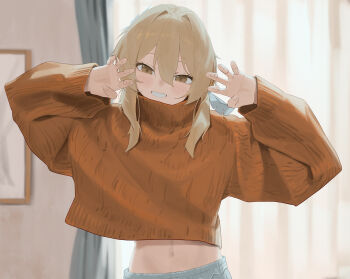 1girl absurdres alternate_costume arms_up blonde_hair blush brown_eyes claw_pose clenched_teeth commentary_request curtains genshin_impact grey_shorts grin hair_between_eyes highres indoors looking_at_viewer lumine_(genshin_impact) lupinu5 midriff navel orange_sweater short_hair_with_long_locks shorts smile solo stomach sweater teeth