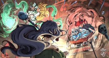 3girls animal_ear_fluff animal_ears attack black_bow black_hair blonde_hair bow braid cat_ears cat_tail commentary dress dust_cloud english_commentary extra_ears fox_ears fox_girl fox_tail from_behind green_ribbon green_shirt hair_between_eyes hair_bow headlight_beam highres holding holding_test_tube holding_weapon horn_ornament horn_ribbon horns kaenbyou_rin kudamaki_tsukasa long_hair looking_at_another multiple_girls multiple_tails nippaku_zanmu open_mouth red_eyes red_hair ribbon romper sachisudesu shirt short_sleeves tail test_tube touhou twin_braids two_tails unfinished_dream_of_all_living_ghost weapon white_romper