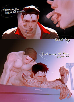 2boys absurdres anal arm_support arm_tattoo artist_name bare_shoulders beard_stubble black_hair black_jacket bound bound_wrists closed_eyes collarbone collared_shirt commentary completely_nude couple covered_mouth crossed_wrists curled_fingers disembodied_hand drooling english_commentary english_text facial_hair finger_in_another&#039;s_mouth highres jacket jewelry johnny_cage kenshi_(mortal_kombat) layered_clothes lying male_focus male_penetrated mortal_kombat_(series) mortal_kombat_1_(2023) motion_lines multiple_boys nude on_bed on_stomach open_clothes open_mouth open_shirt pectorals red_shirt ring saliva sex sex_from_behind shirt sound_effects speech_bubble stubble sweat sweatdrop tattoo tattoo_sleeve teeth tongue tripod upper_teeth_only video_camera yanh_hyung yaoi