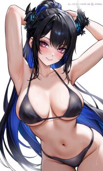 1girl arms_behind_head arms_up bikini black_bikini black_hair blue_hair blush breasts cowboy_shot eyelashes high_ponytail highres hololive hololive_english large_breasts navel nerissa_ravencroft ponytail purple_eyes simple_background solo swimsuit virtual_youtuber viviria white_background