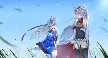 Rule 34 | 2girls, ahoge, animal ears, black pantyhose, blue eyes, blue hairband, blue jacket, blue sky, blue sports bra, blush, breasts, brooch, closed mouth, clothing cutout, commentary, crop top, cropped jacket, ear ornament, english commentary, fingerless gloves, gloves, grass, grey hair, grey leotard, grey tail, hair between eyes, hair ornament, hair ribbon, hairband, headband, highres, hip vent, horse ears, horse girl, horse tail, jacket, jewelry, leotard, lightning bolt print, lightning bolt symbol, long hair, long sleeves, midriff, multicolored hairband, multiple girls, neckerchief, official alternate costume, oguri cap (umamusume), open mouth, overskirt, pants, pantyhose, poikra, ponytail, red headband, red neckerchief, ribbon, shorts, sky, smile, sports bra, star brooch, striped clothes, striped hairband, tail, tamamo cross (umamusume), tamamo cross (with lightning speed) (umamusume), two-tone hairband, umamusume, umamusume: cinderella gray, white jacket, white pants, white shorts