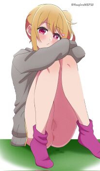 1girl anus blonde_hair blush bottomless cleft_of_venus crossed_arms female_focus heart hood hoodie hoshino_ruby kagironsfw legs_together looking_at_viewer no_panties oshi_no_ko pink_eyes pussy sitting socks solo star-shaped_pupils star_(symbol) symbol-shaped_pupils twitter_username uncensored white_background