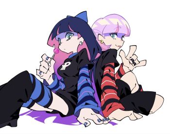 1boy 1girl alternate_costume arm_support bb_zatta black_leg_warmers black_nails black_shirt blue_bow blue_eyes blunt_bangs bow breasts candy colored_inner_hair earrings food gold_earrings gradient_hair hair_bow highres holding holding_candy holding_food jewelry leg_warmers long_hair looking_at_viewer multicolored_hair nail_polish on_floor panty_&amp;_stocking_with_garterbelt pink_hair polyurethane_(psg) purple_hair shirt short_hair silver_earrings sitting skull_print stocking_(psg) striped_clothes striped_sleeves striped_thighhighs thighhighs tongue tongue_out two-tone_hair white_background