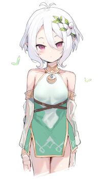 Rule 34 | 1girl, antenna hair, bare shoulders, blush, breasts, bug, butterfly, closed mouth, cropped legs, detached sleeves, dress, elf, flower, hair between eyes, hair flower, hair ornament, highres, insect, kokkoro (princess connect!), long sleeves, looking at viewer, pointy ears, princess connect!, purple eyes, see-through clothes, see-through sleeves, short hair, simple background, sleeveless, sleeveless dress, small breasts, solo, somray, white background, white flower, white hair