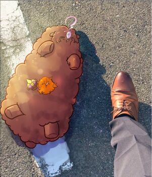 ahoge animal_ears animalization awooogie beak bird brown_hair crown hair_between_eyes hairband lying meisho_doto_(umamusume) multicolored_hair on_back orange_hair pants photo-referenced pink_crown pink_hairband recursive_animalization sheep shoes short_hair t.m._opera_o_(umamusume) two-tone_hair umamusume unworn_crown white_hair wool