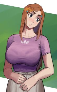 Rule 34 | 1girl, absurdres, bleach, breasts, dairenke art, hair ornament, hairclip, head tilt, highres, inoue orihime, large breasts, long hair, looking to the side, orange hair, parted lips, purple shirt, shirt, short sleeves, solo, thick eyebrows, upper body