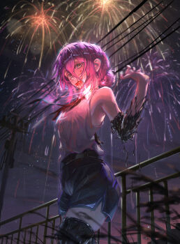 1girl absurdres aerial_fireworks black_ribbon black_shorts black_thighhighs blood blood_on_face chainsaw_man fireworks hair_between_eyes hair_bun highres looking_at_viewer neck_ribbon night outdoors power_lines purple_hair railing reze_(chainsaw_man) ribbon shirt shirt_tucked_in shorts sleeveless sleeveless_shirt solo suikagcy thighhighs utility_pole white_shirt