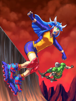1boy 1girl armor blue_hair blue_shorts boots cacodemon demon_girl doom_(series) doomguy elbow_pads fingerless_gloves gloves green_armor green_eyes halfpipe helmet highres horns inline_skates knee_pads long_hair multicolored_footwear multicolored_shirt open_mouth outstretched_arms personification pointy_ears raglan_sleeves red_sky roller_skates shorts single_eye skateboard skateboarding skates skating sky substance20