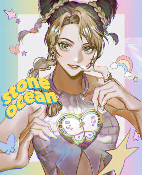 Rule 34 | 1girl, animal print, braid, braided ponytail, brooch, bun with braided base, butterfly print, chromatic aberration, commentary, double bun, earrings, gold earrings, gold ring, green eyes, hair bun, heart, heart brooch, heart ring, highres, jewelry, jojo no kimyou na bouken, kuujou jolyne, masakenme, multicolored hair, solo, spider web print, stone ocean, two-tone hair