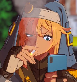 1girl 3d androgyne_symbol aqua_eyes black_gloves black_shirt blonde_hair bridget_(guilty_gear) cigarette fingerless_gloves gloves guilty_gear guilty_gear_strive holding holding_cigarette holding_phone hood hood_up looking_at_phone matthew_mcconaughey_smoking_(meme) meme multicolored_gloves nun_headdress outdoors phone phone_request pink_nails portrait sateka shirt smoke smoking solo trap two-tone_gloves white_gloves zipper zipper_pull_tab