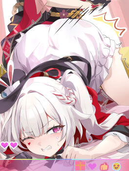 Rule 34 | 2girls, ass, black gloves, blush, clenched hands, clenched teeth, commentary request, dual persona, facial mark, gloves, hat, heart, heart facial mark, highres, honkai: star rail, honkai (series), livestream, long hair, mark under both eyes, mini hat, multiple girls, obi, one eye closed, purple eyes, sash, single glove, skirt, spanking, sparkle (honkai: star rail), sparxie (honkai: star rail), tearing up, teeth, tomas (kaosu22), twintails, white hair, white skirt