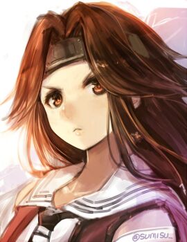 1girl black_neckerchief brown_eyes brown_hair closed_mouth commentary_request forehead_protector hair_intakes headband jintsuu_(kancolle) jintsuu_kai_ni_(kancolle) kantai_collection long_hair looking_at_viewer neckerchief one-hour_drawing_challenge sailor_collar school_uniform simple_background sleeveless solo sumisu_(mondo) twitter_username upper_body white_sailor_collar