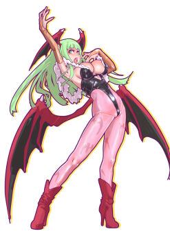 1girl breasts bridal_gauntlets darkstalkers demon_girl demon_wings green_eyes green_hair head_wings highleg highleg_leotard large_breasts leotard long_hair looking_at_viewer mersoleil03 morrigan_aensland open_mouth pantyhose solo wings