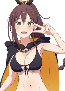 1girl :d absurdres armpits bare_shoulders bikini bikini_top_only black_bikini black_cape black_ribbon blush breasts brown_hair cape cleavage commentary_request extra_pupils front-tie_bikini_top front-tie_top green_eyes hair_between_eyes hair_ribbon hand_up high_ponytail highres large_breasts long_hair looking_at_viewer multi-tied_hair na-suke navel open_mouth orange_cape partial_commentary ponytail re:zero_kara_hajimeru_isekai_seikatsu ribbon shaula_(re:zero) sidelocks simple_background smile solo standing stomach swimsuit teeth two-tone_cape upper_body upper_teeth_only v v_over_eye white_background