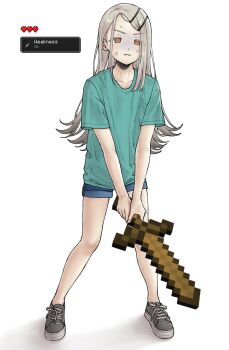 1girl blue_shorts cosplay denim denim_shorts green_shirt hair_ornament hairclip highres holding holding_sword holding_weapon imaninjaguy long_hair minecraft orange_eyes shinosawa_hiro shirt shoes shorts simple_background sneakers steve_(minecraft) steve_(minecraft)_(cosplay) struggling sweatdrop sword weapon white_background white_hair wooden_sword