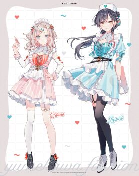 2girls arms_behind_back asymmetrical_legwear black_hair black_pantyhose black_shoes blue_dress blue_eyes breasts ceras_yanagida_lilienfeld character_name cleavage cleavage_cutout clipboard clothing_cutout commentary_request dress edel_note full_body gloves grey_hair grid_background group_name hair_bun hat heart highres holding holding_clipboard holding_syringe jellyfish_cut katsuragi_izumi link!_like!_love_live! long_hair looking_at_viewer love_live! maid_headdress medium_breasts multiple_girls official_art orange_eyes outside_border pantyhose puffy_short_sleeves puffy_sleeves shoes short_sleeves single_leg_pantyhose single_side_bun single_thighhigh slit_pupils syringe tadano_yukiko thighhighs uneven_legwear virtual_youtuber white_background white_gloves white_hat white_shoes white_thighhighs yume_kawaii