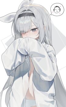 1girl absurdres alternate_costume black_hairband blue_archive blush covered_mouth doodle_sensei_(blue_archive) grey_eyes hair_over_one_eye hair_ribbon hairband hands_up hashtag-only_commentary highres huu_(dighapdlxm12) long_hair long_sleeves looking_down panties plana_(blue_archive) ribbon sensei_(blue_archive) shirt simple_background solo speech_bubble thought_bubble underwear upper_body white_background white_panties white_ribbon white_shirt